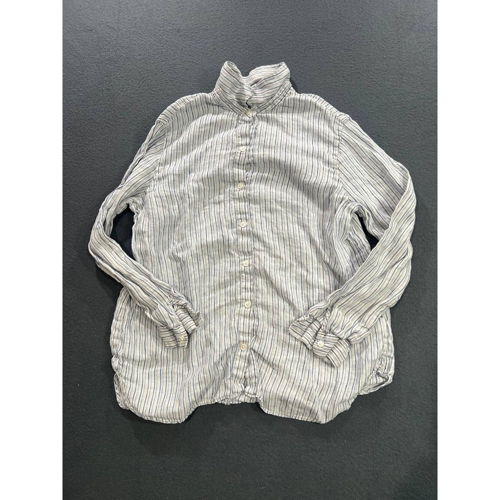 J. Jill 100% Linen White Blue Stripe Button Long Sleeve Shirt Top Medium A008962